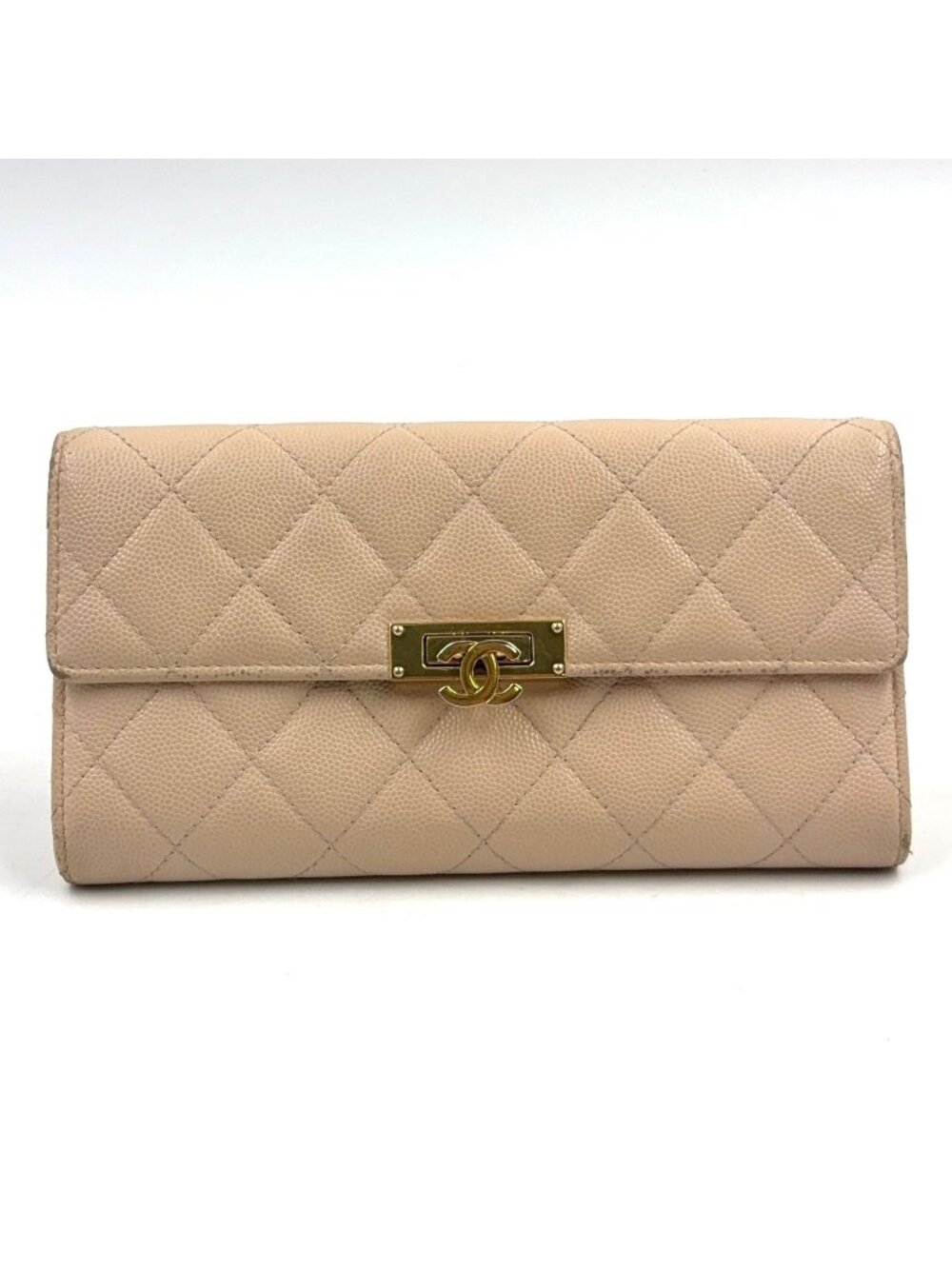 Chanel Quilted Coco Lock Caviar Leather Beige Wallet Gold